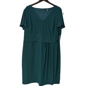 Chaps Faux Wrap Green Dress Women's Size 20W Flutter Sleeve Soft V Neck Stretch